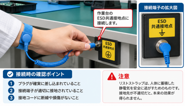 静電気対策にリストストラップ 指定の接地点に接続する